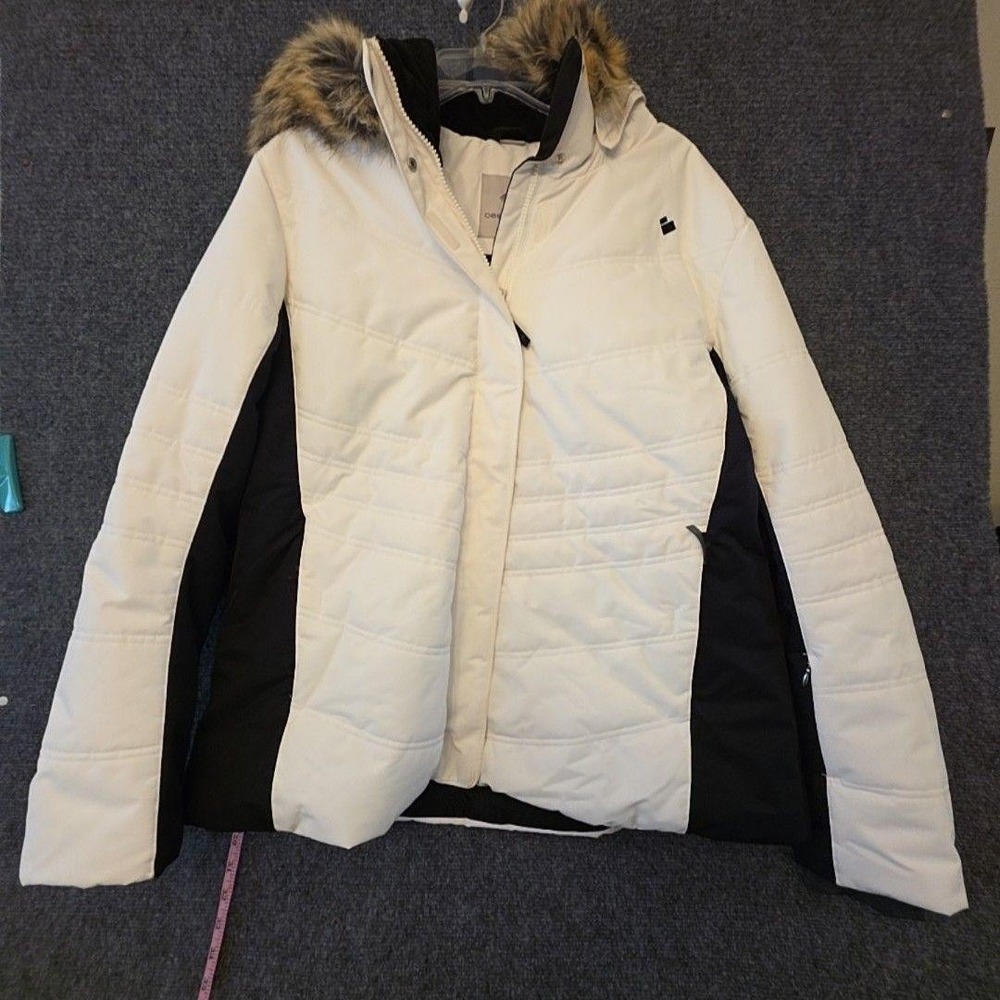 Obermeyer Ski Jacket Womens Large White Black Hooded Faux Fur Insulated Skiing